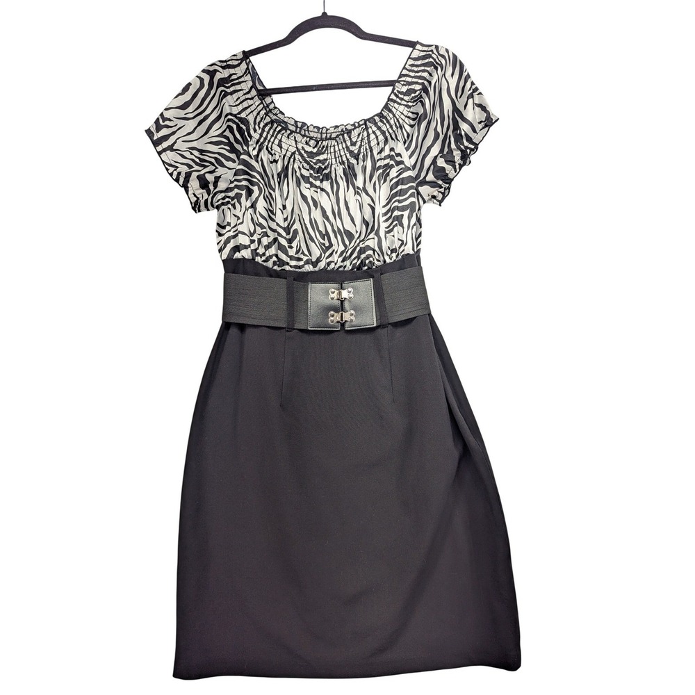 City Triangles Zebra Print Off Shoulderโ Belted Sheath Dress Size 9 Black White